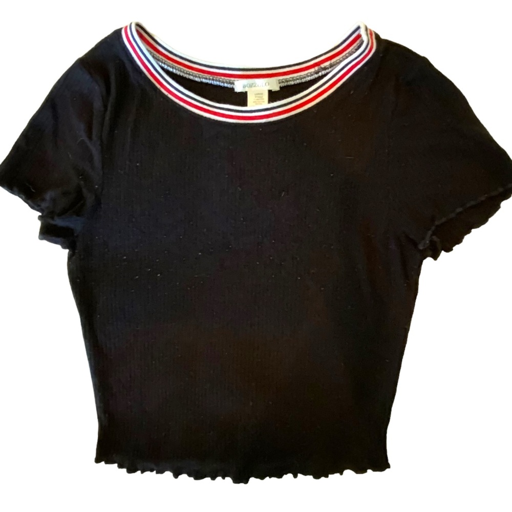 Bozzolo Top Black Red and White Short Sleeve Stretchy Curled Edges Size Large